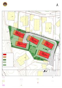 Situasjonsplan (basiskart) som viser tomtens grenser, bygningers plassering, arealbruk (bolig, naturtomt, felles uteareal) og infrastruktur.