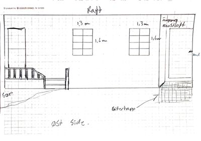 Håndtegnet fasadetekning av en bygning sett fra østsiden, med angitte mål og detaljer for vinduer, dører og trapper.