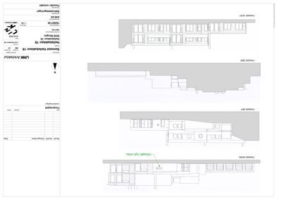 Fasadeoversikt med oppriss av bygningen sett fra nord, øst, sør og vest.
