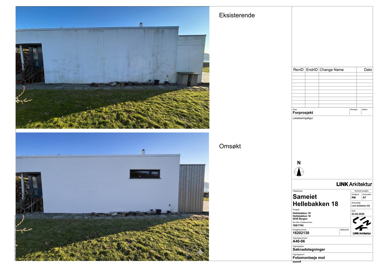 Fotomontasje som viser en eksisterende og en omsøkt fasade på en bygning.