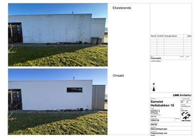 Fotomontasje som viser en eksisterende og en omsøkt fasade på en bygning.