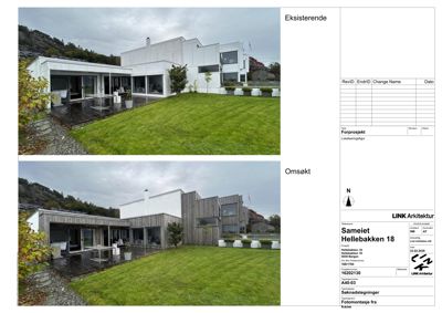 Bildet viser en fotomontasje med to bilder av en villa. Øverste bilde er merket 'Eksisterende' og nederste 'Omsøkt'. Det er også en teknisk side med informasjon om prosjektet.