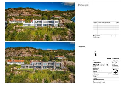 Fotomontasje som viser eksisterende og omsøkt fasade på en bygning i et landskap.