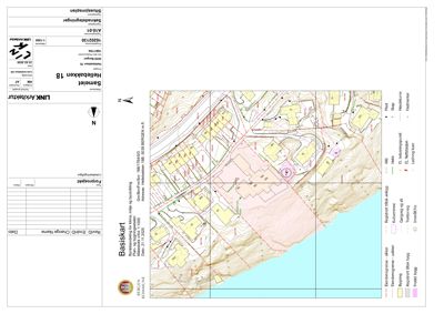 Situasjonsplan (Basis kart) som viser tomtens beliggenhet, høydemålerlinjer, eksisterende og planlagt bebyggelse, veier og infrastruktur.
