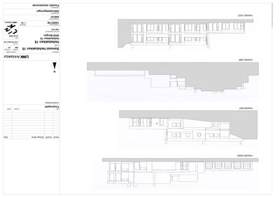 Fasadetegninger for en eksisterende bygning (Hellebakken 18) som viser utsnitt av fasadene mot nord, øst, sør og vest.