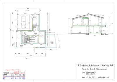 Etasjeplan (1. etasje) og snitt (A-A) for en bolig med garasje, samt oppsummering av arealer.