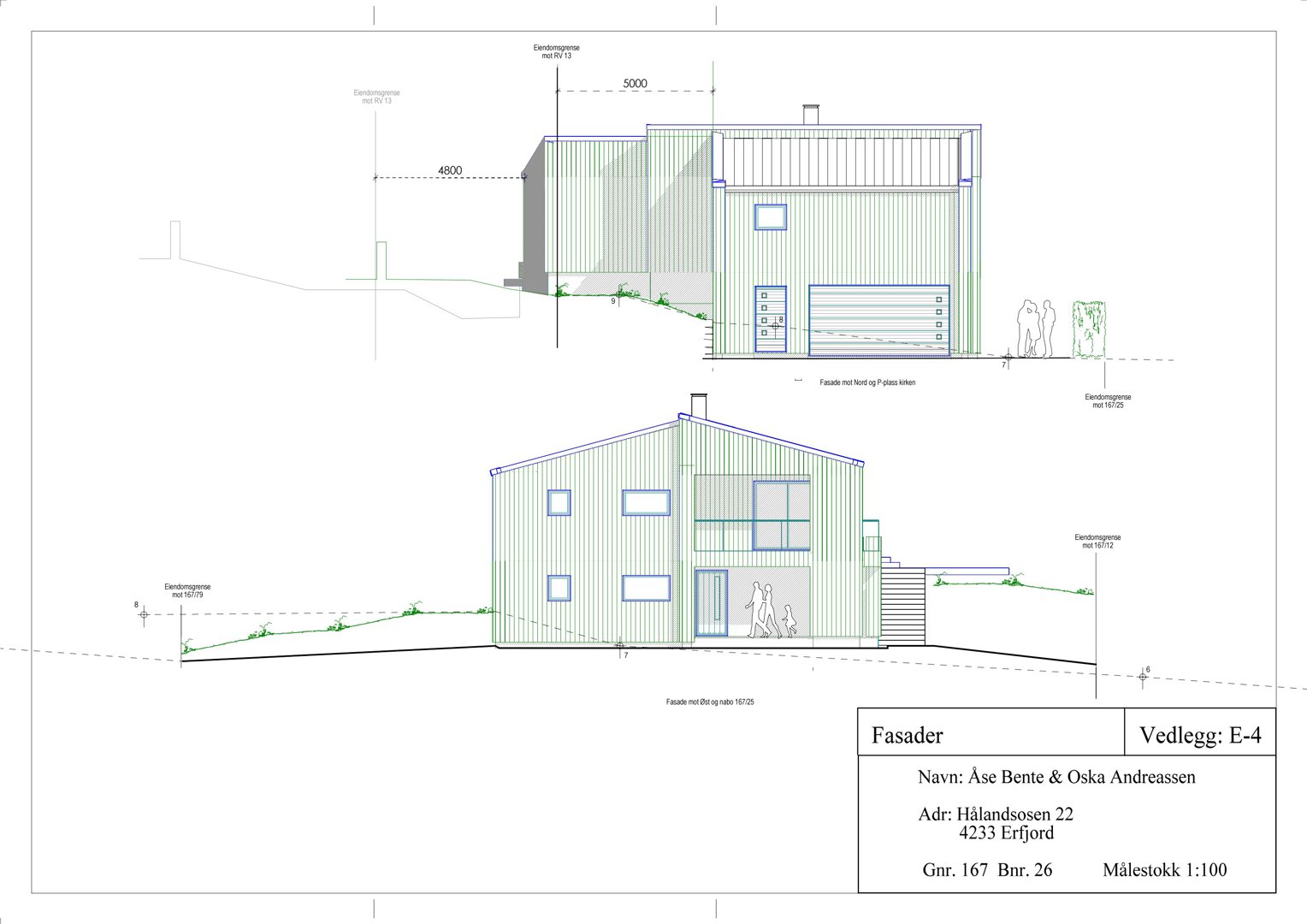 Fasadetegning som viser bygningens utseende fra front og side, inkludert vinduer, dører, takform og terrengforhold.
