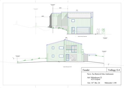 Fasadetegning som viser bygningens utseende fra front og side, inkludert vinduer, dører, takform og terrengforhold.