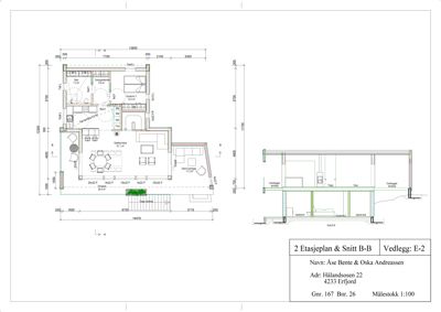 Etasjeplan (2. etasje) og snitt for en bolig, med romnavn, mål og konstruksjonsdetaljer.