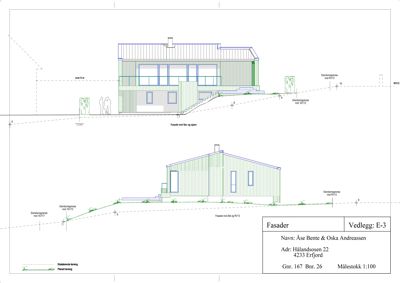 Fasadetegning som viser bygningens utseende fra to ulike vinkler (vest og sør-øst) med oppgitt høyder og terrengforhold.