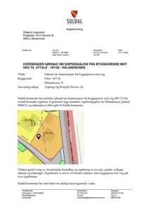 Kart som viser eiendommen 167/26 i Hålandssøen med byggegrense mot vei (RV13) og naboeiendom 167/25. Kartet er inkludert i en søknad om dispensasjon fra byggegrense.