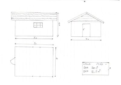 Håndtegnet tegning som viser etasjeplan (nederst), fasade (øverst til venstre) og oppriss (øverst til høyre) av en bygning med mål og arealangivelser.