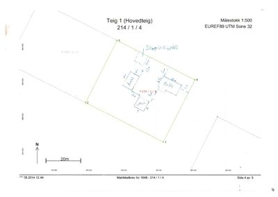 Situasjonsplan som viser eiendommen 'Teig 1 (Hovedteig)' med bygningens plassering, mål og orientering.
