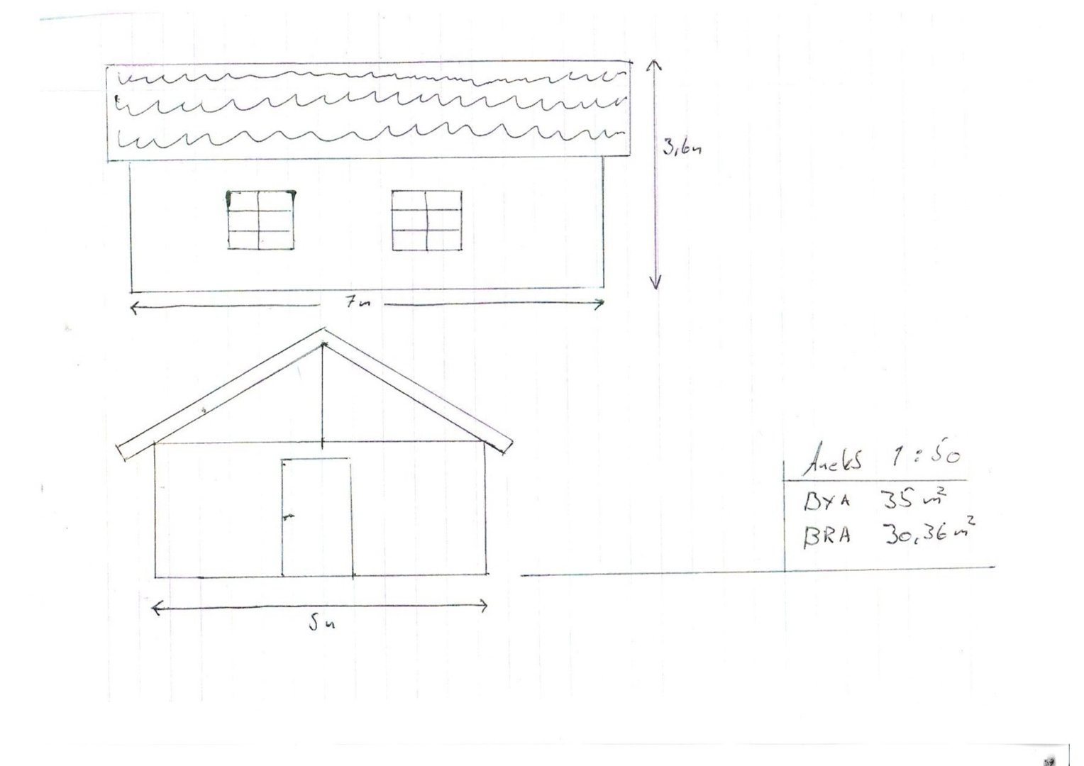 Håndtegnet fasadevisning av en bygning med to etasjer, vinduer, dør og mål (7m x 5m x 3,6m).