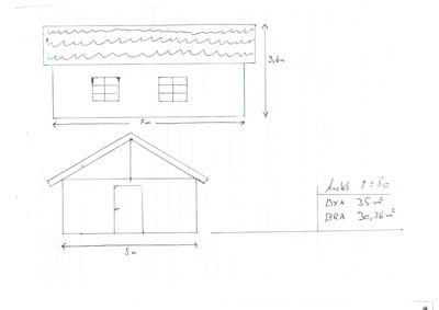 Håndtegnet fasadevisning av en bygning med to etasjer, vinduer, dør og mål (7m x 5m x 3,6m).