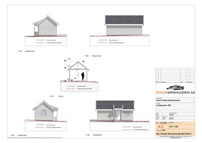 Fasadetegninger for en bygning, inkludert oppriss av Nord, Vest, Sør, Øst og Snitt A.