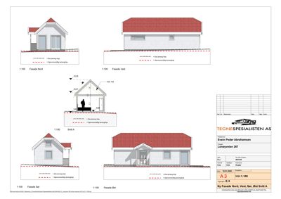 Fasadetegning som viser bygningens utsyn fra fire sider (Nord, Vest, Sør, Øst) samt et snitt (Snitt A).