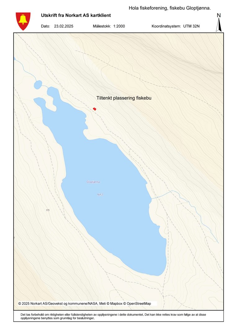 Kartutsnitt fra Norkart som viser et område med Gloptjønna, inkludert et merket punkt for 'Tiltenkt plassering fiskebu'.