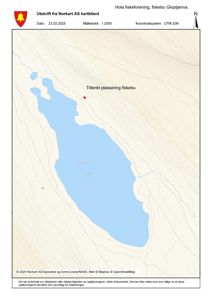 Kartutsnitt fra Norkart som viser et område med Gloptjønna, inkludert et merket punkt for 'Tiltenkt plassering fiskebu'.