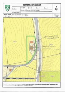 Situasjonskart som viser eiendomsgranser, topografi, veier og plassering av bygninger på Kolbulna.