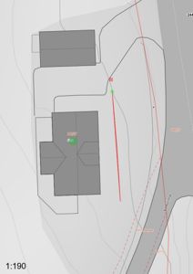 Situasjonsplan som viser tomtens form, bygningers plassering, vei (Kvitsundveien) og høydeforhold.