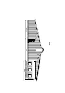 Snittegning som viser bygningens tverrsnitt med mål på høyder og detaljer om fasadebelegg.