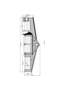 Fasadetegning (opprikk) av en bygning sett fra nordvest, med mål og detaljer for takform og vinduer.
