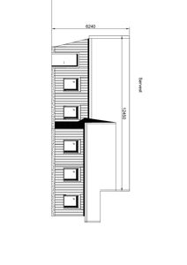 Fasadetegning (opprikk) av en bygning sett fra sørvest, med angitte mål og vindusforhold.