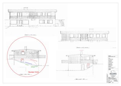 Bildet viser en tegning av bygningens fasade sett fra flere vinkler, inkludert et snitt av taket.