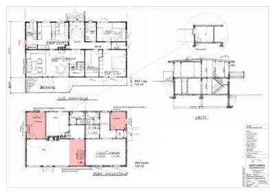 Bildet viser etasjeplaner (overetasje og underetasje) med romfordeling og mål.