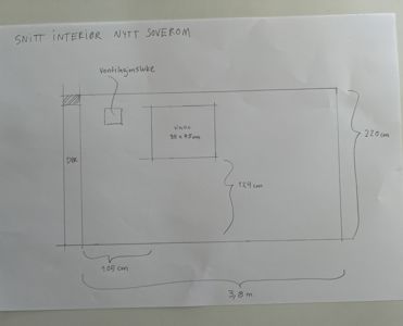 Håndtegnet snittinteriør av et nytt soverom med mål og plassering av dør, vindu og ventilasjon.