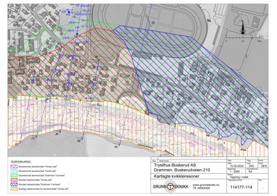Situasjonsplan som viser kvikkleiresoner og leasområder i Drammen, Buskerudveien 210.