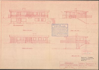 Fasadetegning av en bygning sett fra flere vinkler (for-, side- og bakfasade).