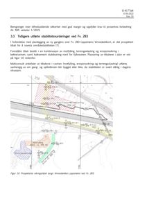 Situasjonsplan eller snitt som viser terrengform, bekkeravinen og planlagte sikringstiltak (motfylling, erosjonssikring, terrengavlasting) langs Fv. 283.