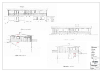 Bildet viser fasadetegninger av en bygning sett fra flere vinkler, inkludert front, side og bakside.
