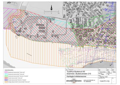 Situasjonsplan som viser kvikkleiresoner og leoneområder på en tomt i Drammen.