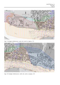 Kart som viser kvikkleiresoner (geologiske farsoner) overlappet på et kart over et område med eksisterende bygninger og infrastruktur.
