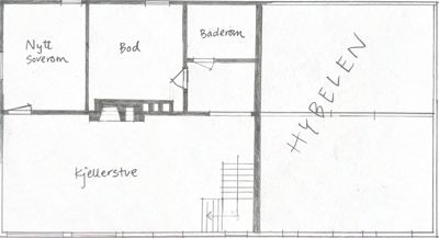 Et håndtegnet etasjeplan som viser romfordeling med etiketter som 'Nytt soverom', 'Bod', 'Baderom', 'Kjellerstue' og 'HYBELEN'.
