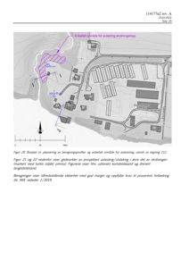 Situasjonsplan som viser terrengform, skråninger, anbefalte områder for avlastning, og beregningsprofiler for stabilitet.