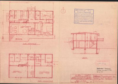 Bildet viser en tegning med etasjeplaner (overetasje og underetasje) og et snitt av en bygning. Det er klassifisert som floor_plan fordi det dominerende innholdet er romfordeling og planløsning.