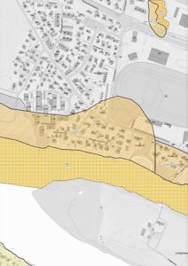 Situasjonsplan som viser bygningsplassering, gater, og ulike soner markert med farge og skravering.