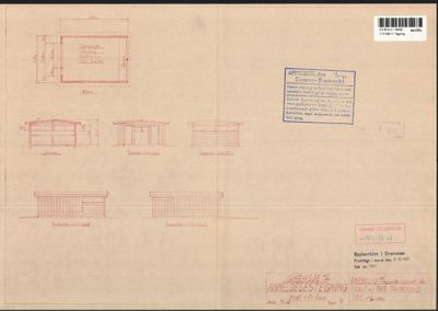 Bildet viser en tegning med fasadeoppriks (fra flere vinkler) og et etasjeplan for en garasje.