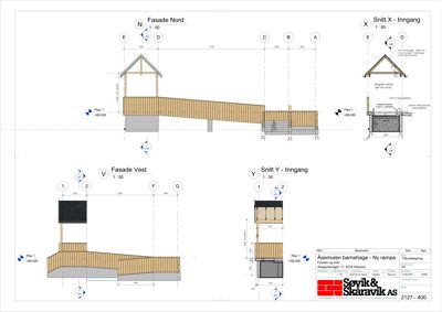 Fasadetegning og snittegning for en ny rampe ved Asemulen barnehage. Tegningen viser fasade Nord, Vest, samt snitt X og Y for inngangen.