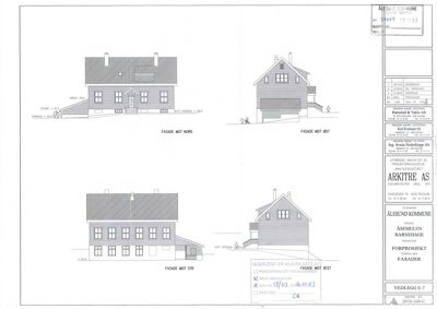 Fasadetegning som viser bygningens utseende fra fire sider (Nord, Øst, Syd, Vest).