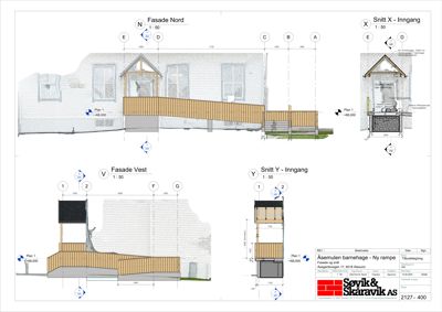 Tegning som viser fasader (Nord og Vest) og snitt (X og Y) for en ny rampe ved Asemulen barnehage.