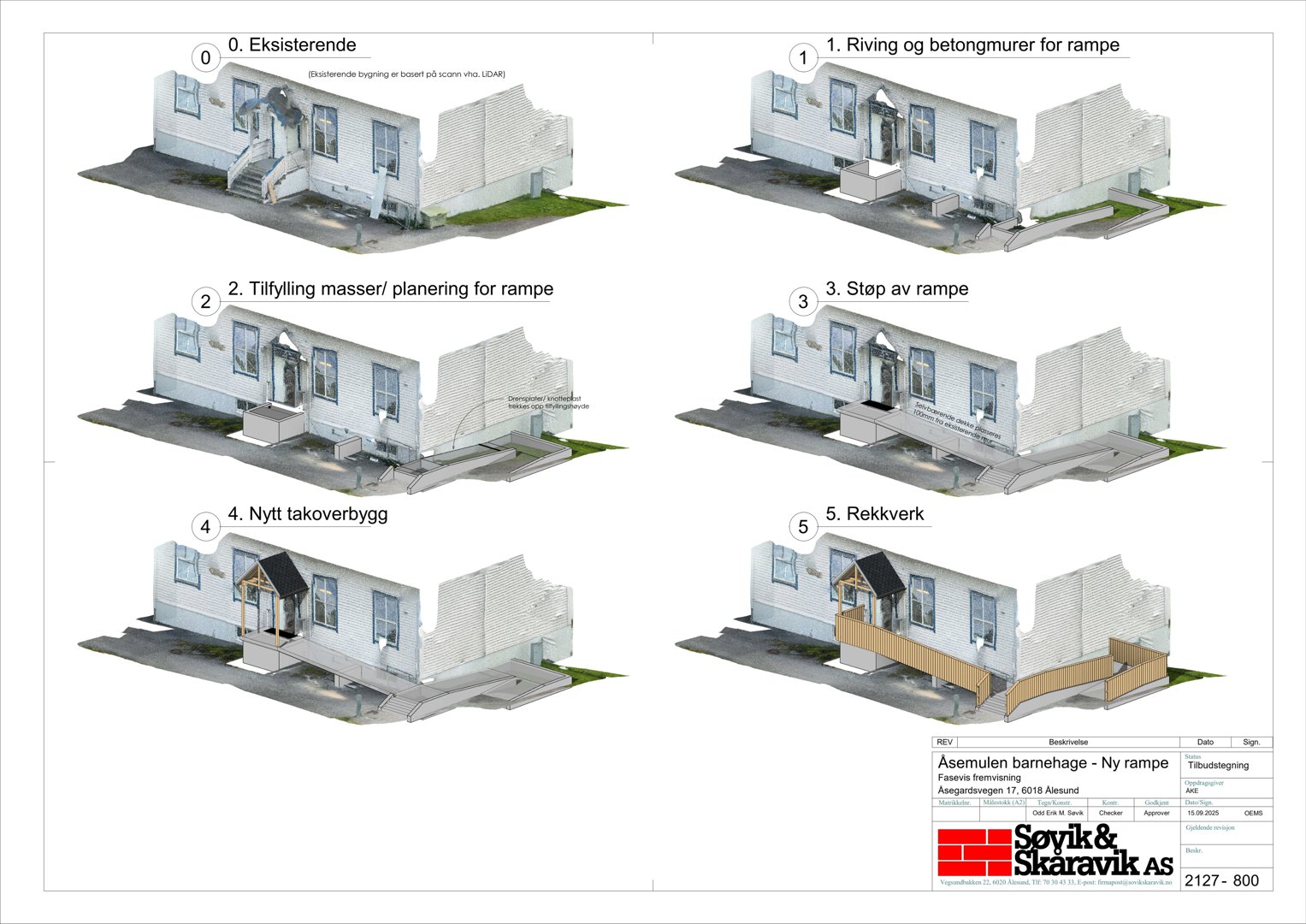 Serie med 3D-visualiseringer som viser byggeprosessen for en ny rampe ved Asemulen barnehage, fra eksisterende til ferdig.