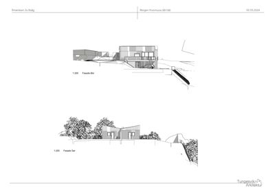 Fasadetegning som viser bygningens utseende fra to ulike vinkler (Fasade Øst og Fasade Sør).