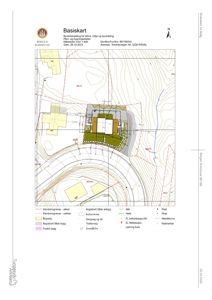 Situasjonsplan som viser tomtens beliggenhet, høydeforhold (konturlinjer), bygningers plassering og arealbruk.