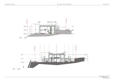 Snittegning (Snitt A og Snitt B) som viser bygningens indre konstruksjon, romfordeling og høyder.