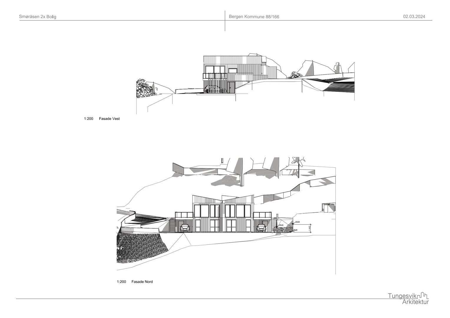 Fasadetegning som viser bygningens utseende fra to vinkler (Fasade Vest og Fasade Nord) med omgivelsene.